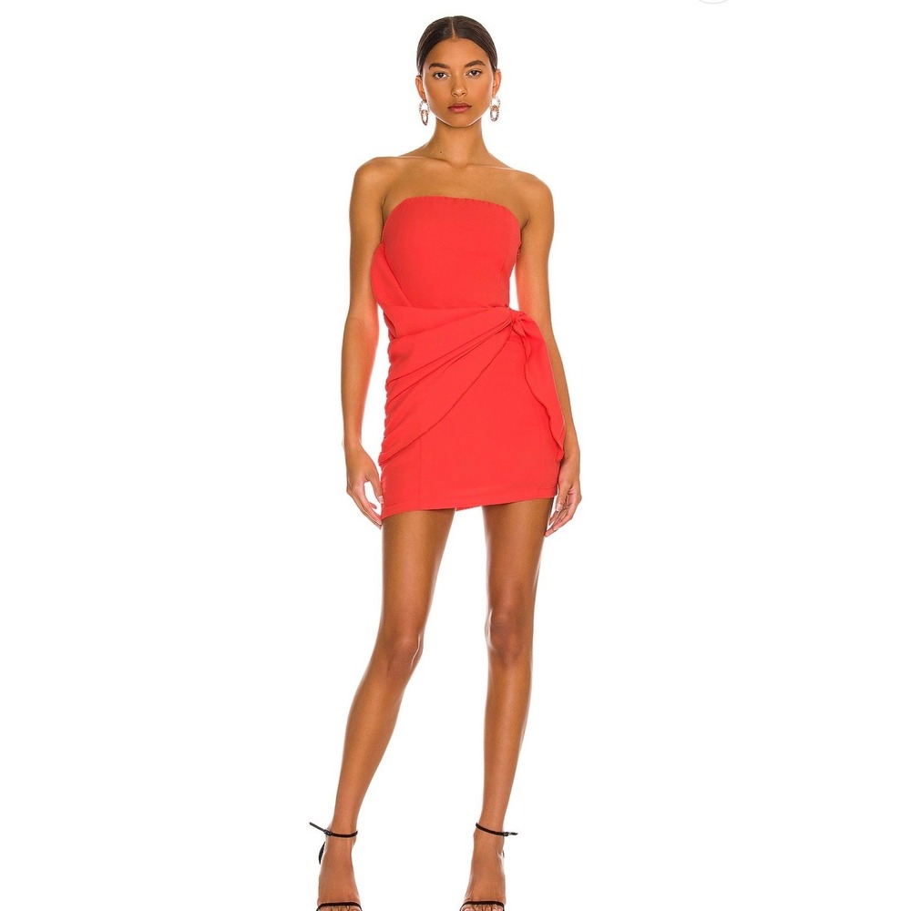 Superdown Revolve Coral Red Strapless Draped Ruched Side Tie Mini Dress Small
